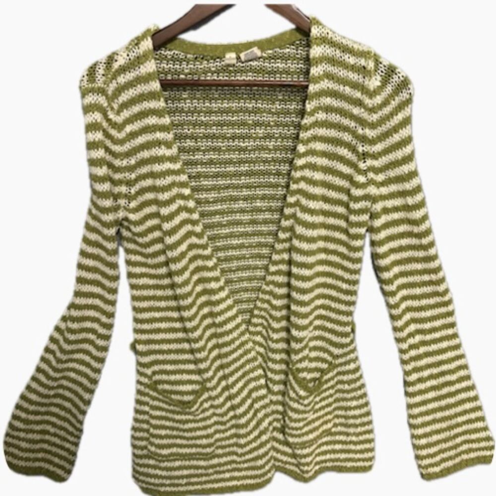 Anthropologie Moth Olive Green Striped Open Front Boho Cardigan Sweater S